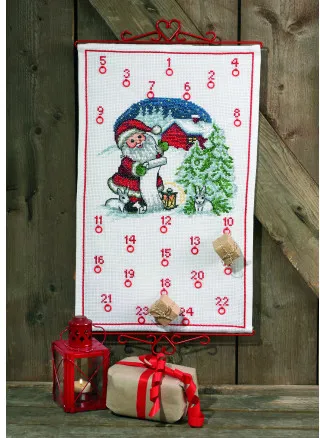 Permin Embroidery Kit Christmas Calendar - Father Christmas and Rabbits 38 x 62 cm