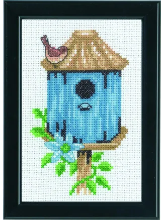 Permin Embroidery Kit Birdhouse Blue 9x14cm